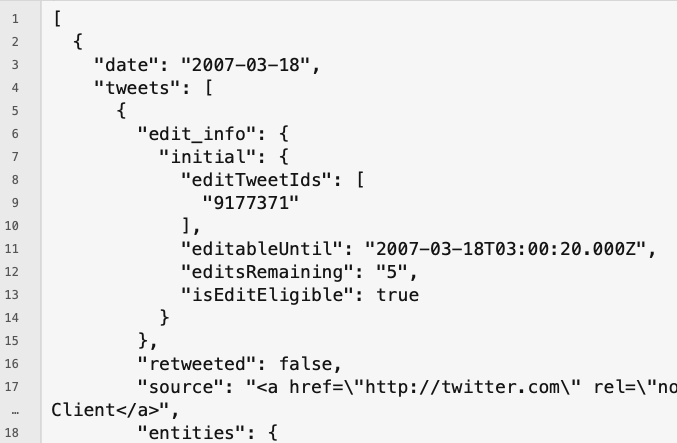 JSON with tweets per day, suitable for parsing by Shortcut